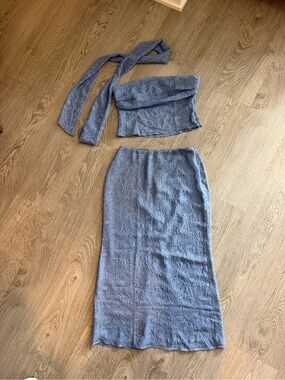 Two-Piece Textured Midi Skirt Set in Dusty Blue